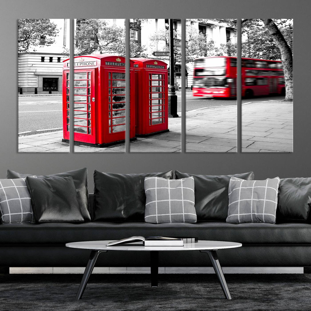 The London Red Bus and Phone Club Wall Art, a vivid night canvas print featuring iconic red buses and phone booths, is elegantly showcased on gallery-wrapped, museum-quality material. With its UV-protective coating, this captivating piece infuses your space with the charm of London.