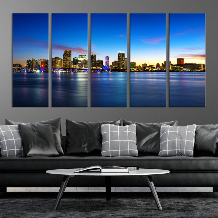 The living room features a Miami City Wall Art Canvas Print—a gallery-wrapped triptych displaying a city skyline at dusk, adding museum-quality elegance to the space.