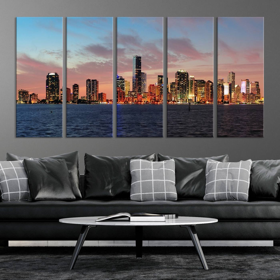 The Wall Art MIAMI Canvas Print emphasizes a vibrant cityscape at sunset. This artwork is presented on museum-quality canvas with gallery-wrapped edges, ensuring it stands out while maintaining its pristine condition for years to come.