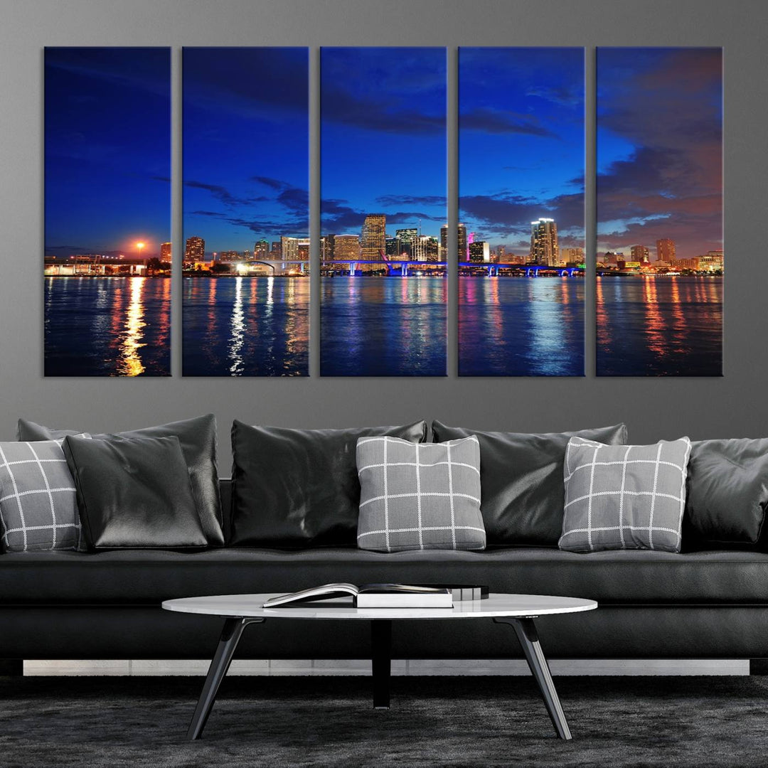 A large Miami City View Wall Art Canvas Print featuring the Miami City Skyline Panorama at night is displayed above the dresser.