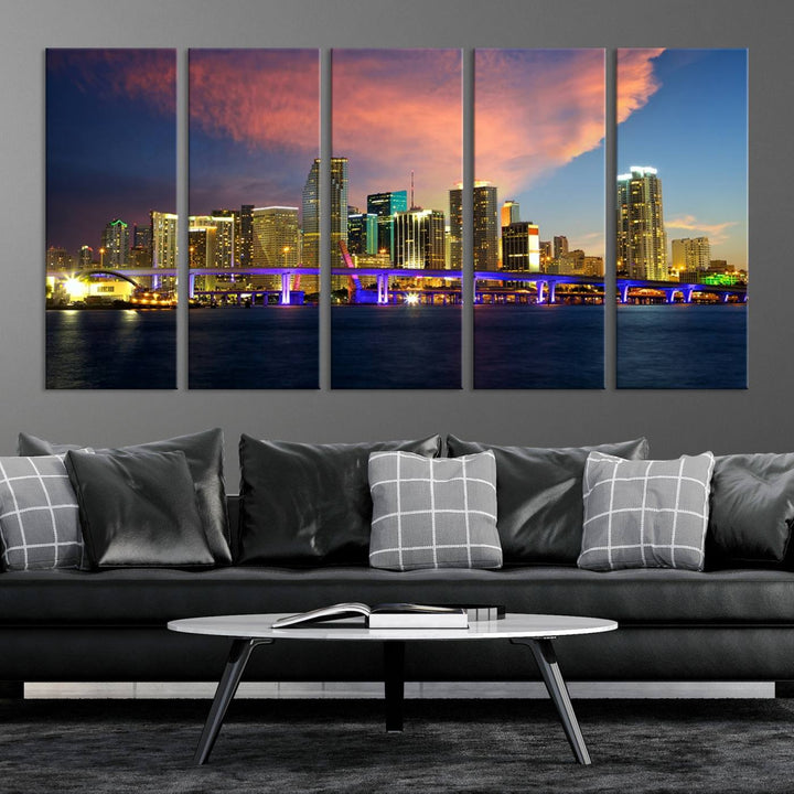 The modern living room is enhanced by the "Miami City Wall Art Canvas Print," a stunning triptych portraying a city skyline at sunset. These canvases are gallery wrapped and made from museum-quality materials, featuring a UV-protective coating to ensure lasting vibrancy.