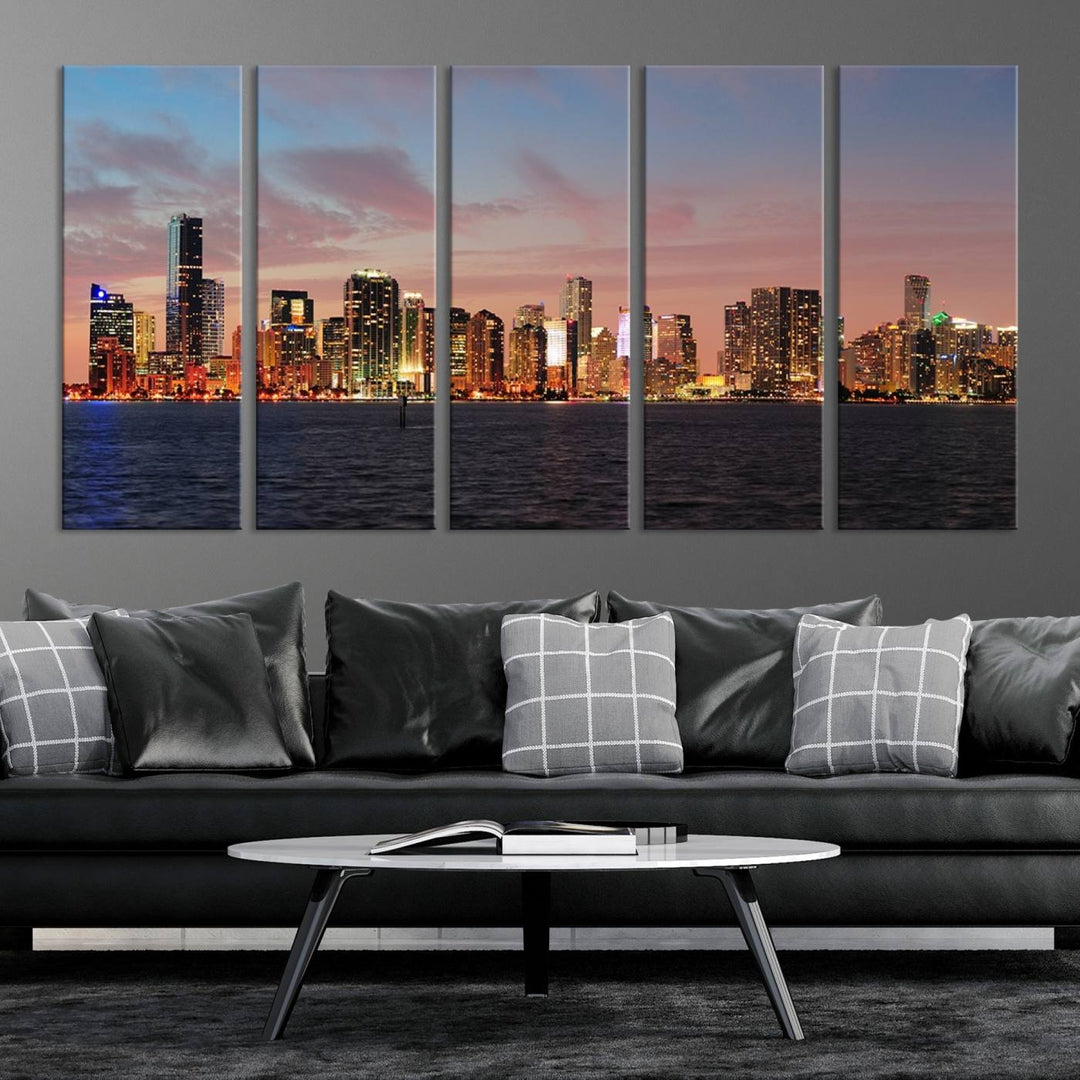 The living room features a gallery-wrapped triptych of the Miami City Wall Art Canvas Print above the sofa.