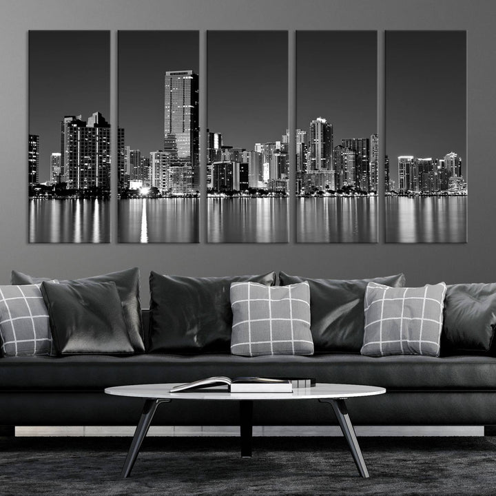 The Miami City Wall Art Canvas Print, a stunning triptych of the Miami skyline, elegantly hangs in this modern living room.