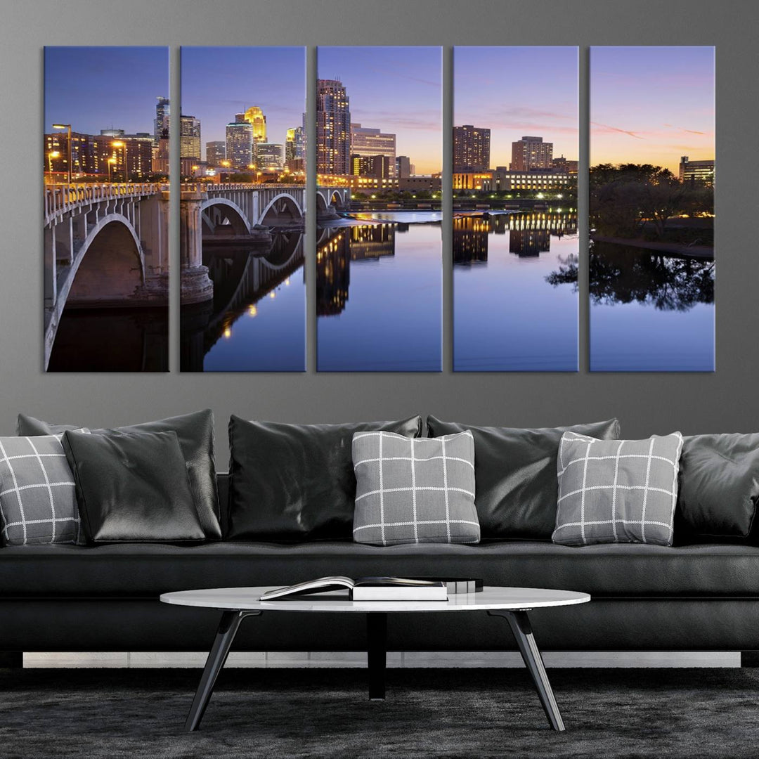 Display the Minneapolis Wall Art Canvas Print, featuring the Minnesota cityscape at dusk, on gallery-wrapped, museum-quality canvas.