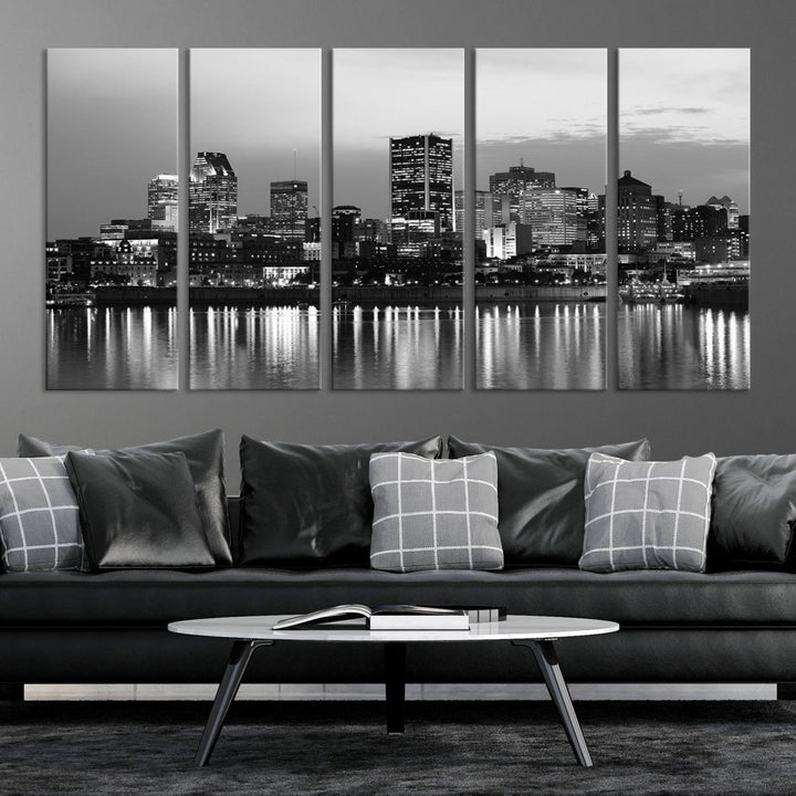 The "Montreal Canada City Wall Art," a black and white triptych of a city skyline at night, elegantly captures the reflections in water.