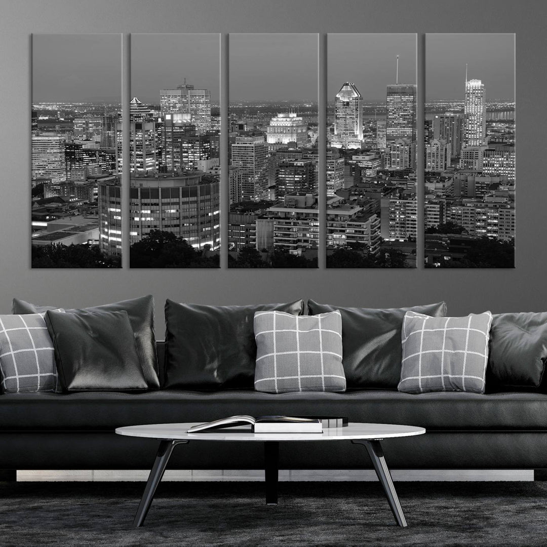 The gallery-wrapped, museum-quality canvas print features the Montreal Canada City Wall Art, showcasing a cityscape at night in black and white.