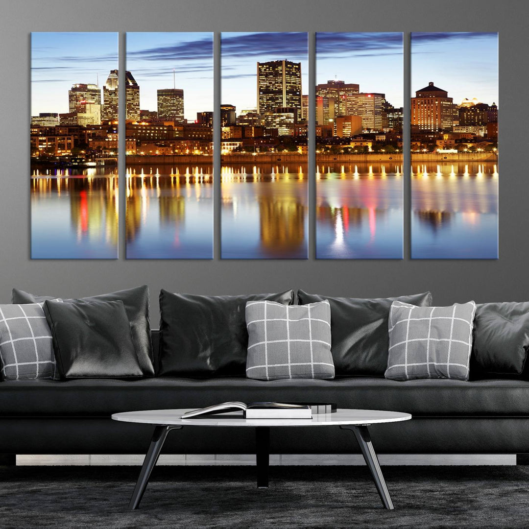 A Montreal Canada City Wall Art Canvas Print, depicting the cityscape at dusk and reflecting in calm waters, is crafted with museum-quality canvases and a UV-protective coating. This remarkable piece guarantees vibrant colors that remain stunning and ready to hang for years to come.