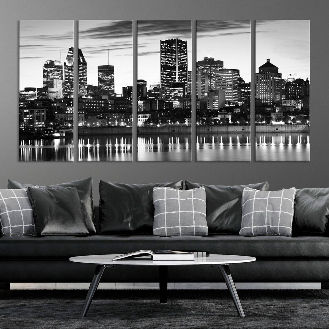 The contemporary living room features the Montreal Canada City Wall Art Canvas Print, an elegantly gallery-wrapped triptych on museum-quality canvas, prominently hung above.