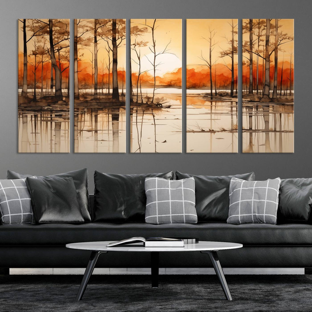 An Abstract Watercolor Trees and Sunset on Lake Wall Art Canvas Print, created on museum-quality canvas.