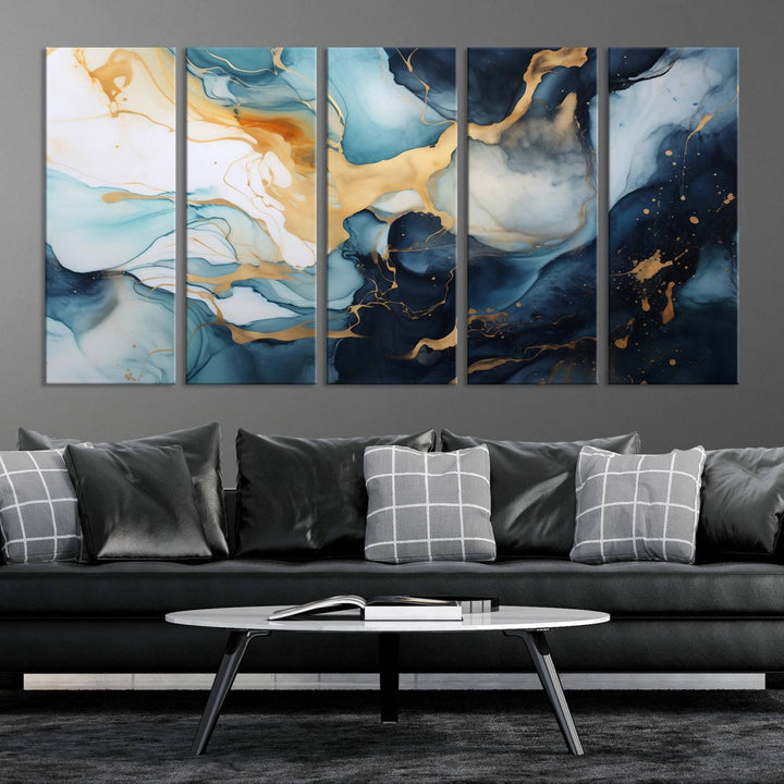 The living room is enhanced by the Marble Fluid Abstract Wall Art Canvas Print, which adds a touch of sophistication.