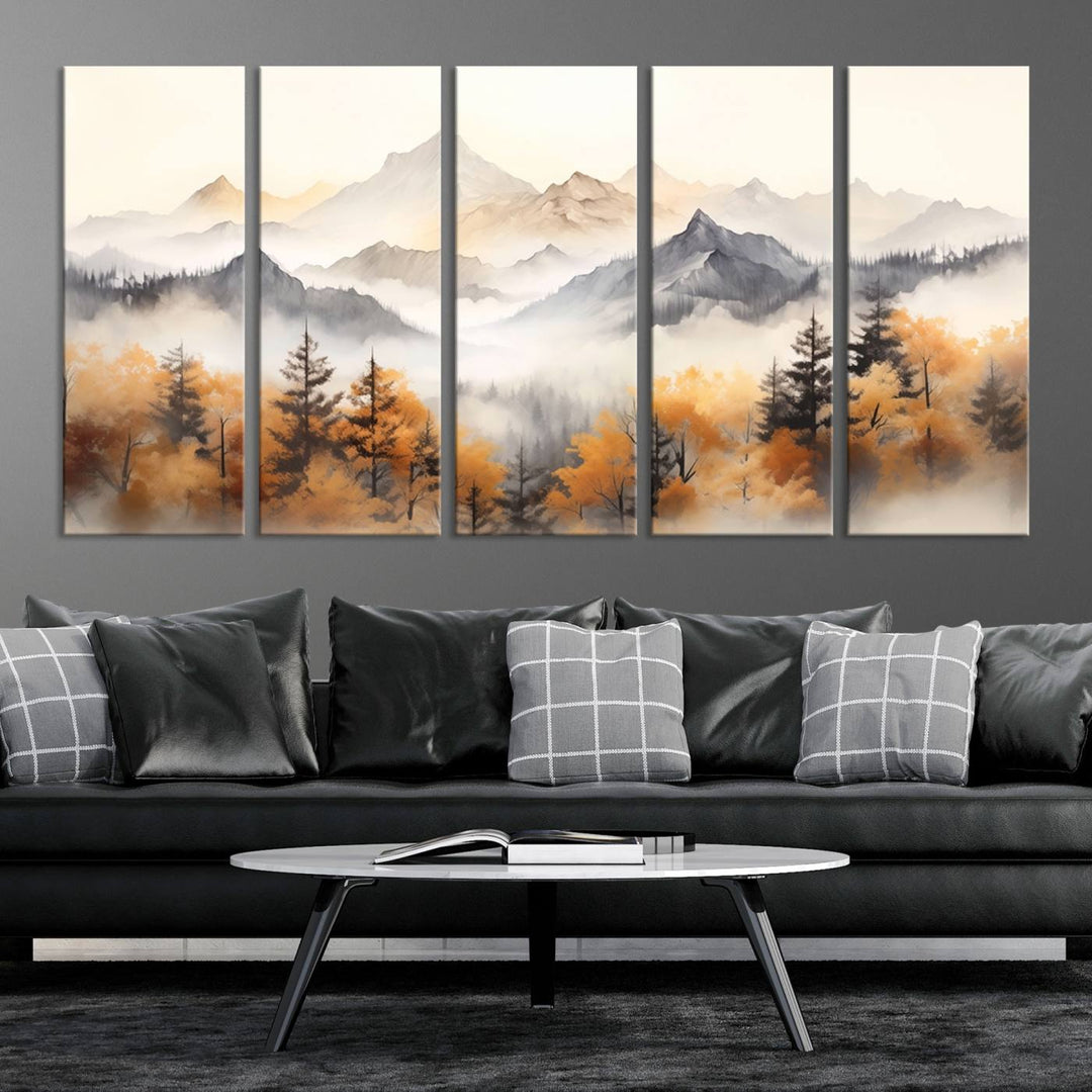 Art mural abstrait aquarelle montagnes et arbres automne