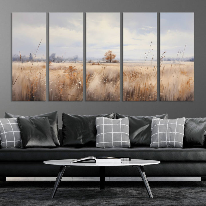 The modern living room features the Golden Fields Canvas Wall Art Print – Serene Landscape of Nature’s Tranquility in Minimalist for Farmhouse Decor, showcasing serene golden fields that enhance the calming ambiance.