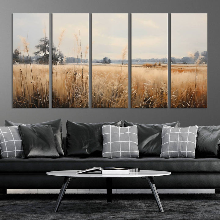 A Wildflower Field Landscape Oil Painting, showcasing a vintage art print of a serene field with tall grasses and distant trees, is beautifully presented on museum-quality canvases with gallery-wrapped edges.