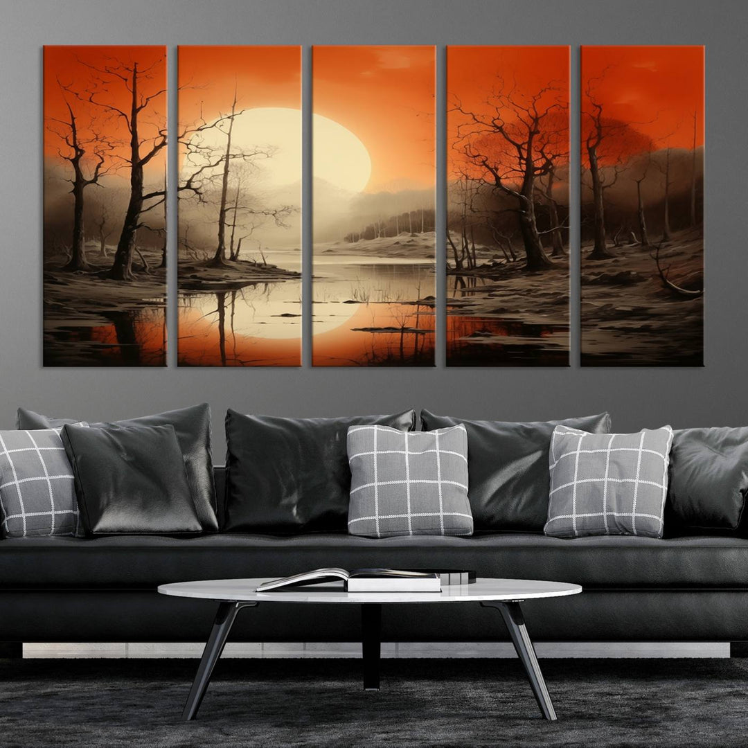 The "Abstract Watercolor Trees and Sunset on Lake Wall Art" is a triptych masterpiece, showcasing an orange-hued landscape of barren trees and a large sun. Displayed on museum-quality canvases with UV-protective coating, it creates a striking visual element in any space.