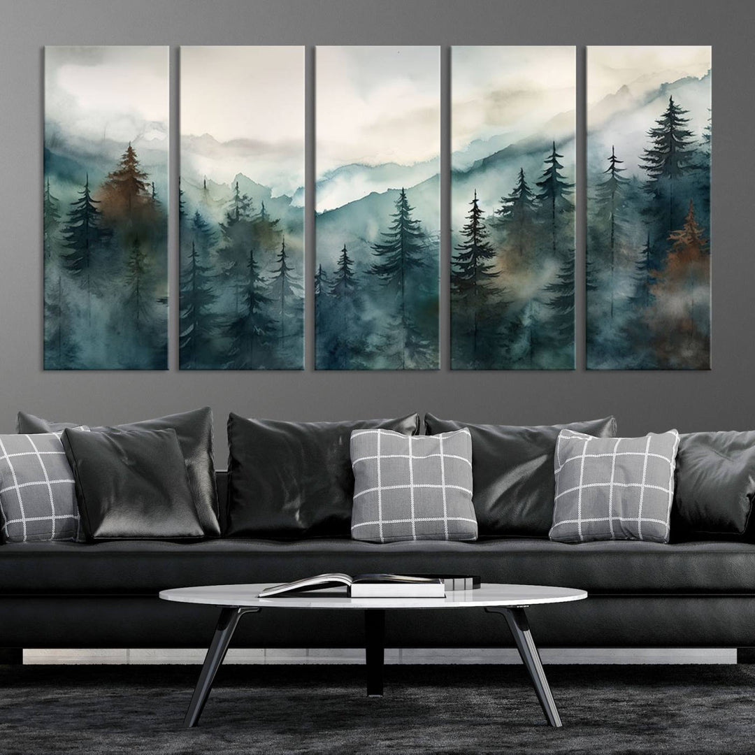 A set of Serenity Forest Wall Art Canvas prints, showcasing foggy mountain landscapes, is displayed in the living room.