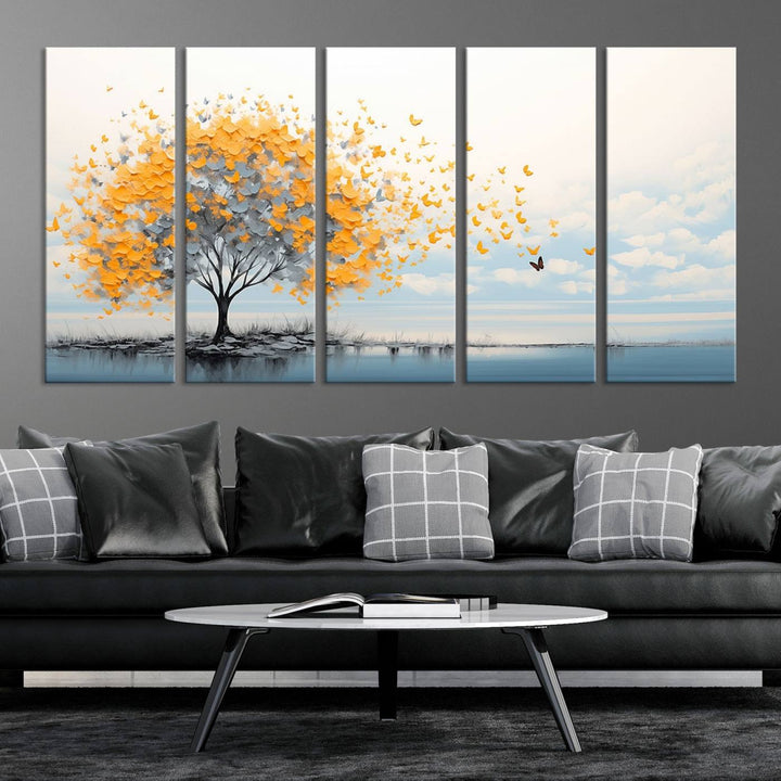 A Butterfly Tree Wall Art Canvas, featuring a modern tree adorned with yellow butterflies, decorates the wall.