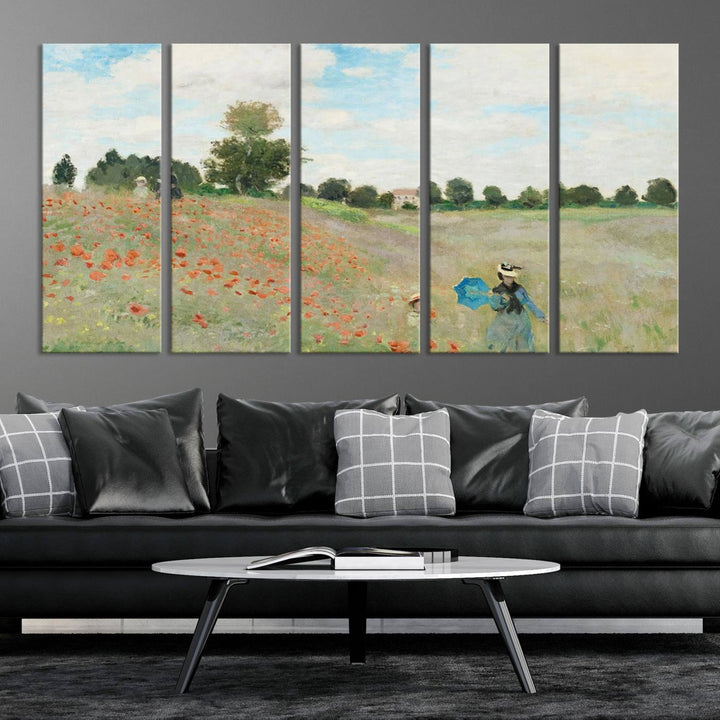 The Claude Monet The Poppy Field Canvas Print features a scene of a serene meadow with blooming flowers and a woman and child. It is printed on museum-quality canvas with UV-protective coating.