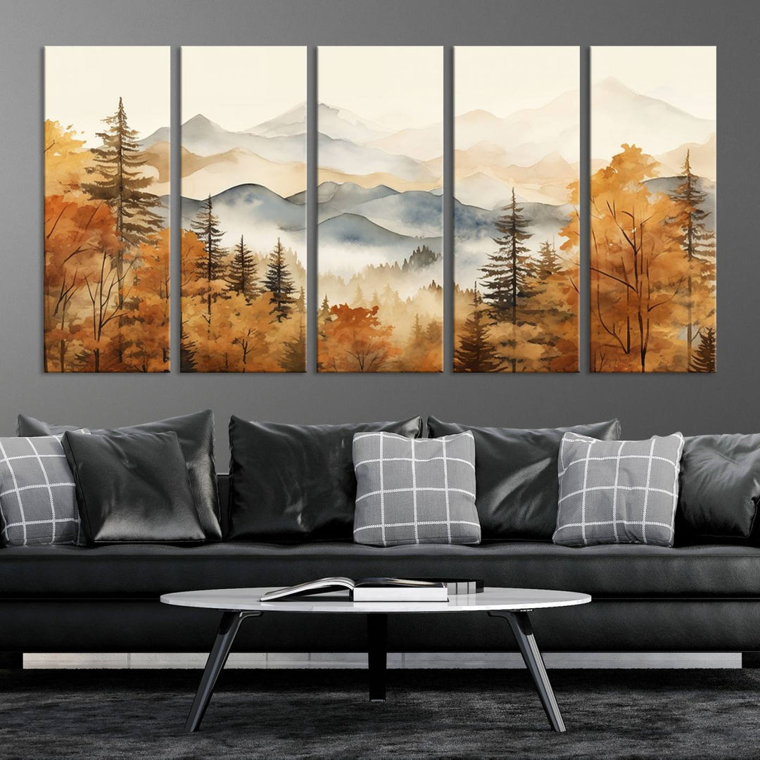 Abstract Mountain Mist Canvas Wall Art – Tranquil Autumn Forest and Misty Peaks - Ready to Hang