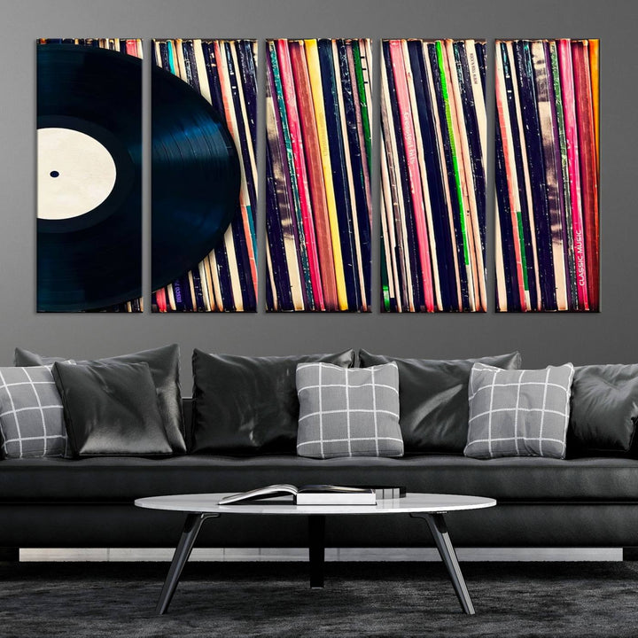 The room showcases the "Vinyl Record and Album Collection Canvas Wall Art," a perfect retro music decor piece for vintage vinyl lovers.