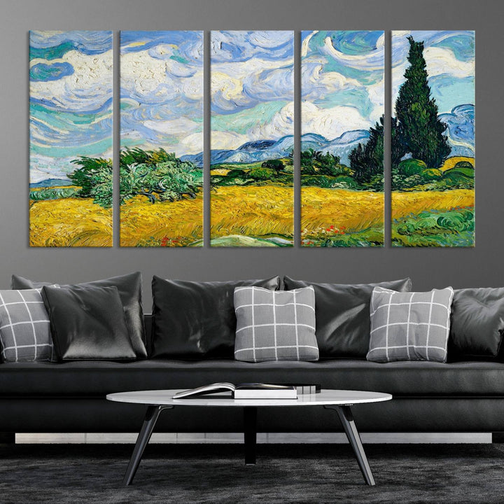 A contemporary living room features a large triptych of "Wheatfield With Cypresses By Van Gogh Painting Wall Art Canvas Print." Crafted on museum-quality canvas, this artwork brings a sense of elegance and craftsmanship reminiscent of professional artistry.