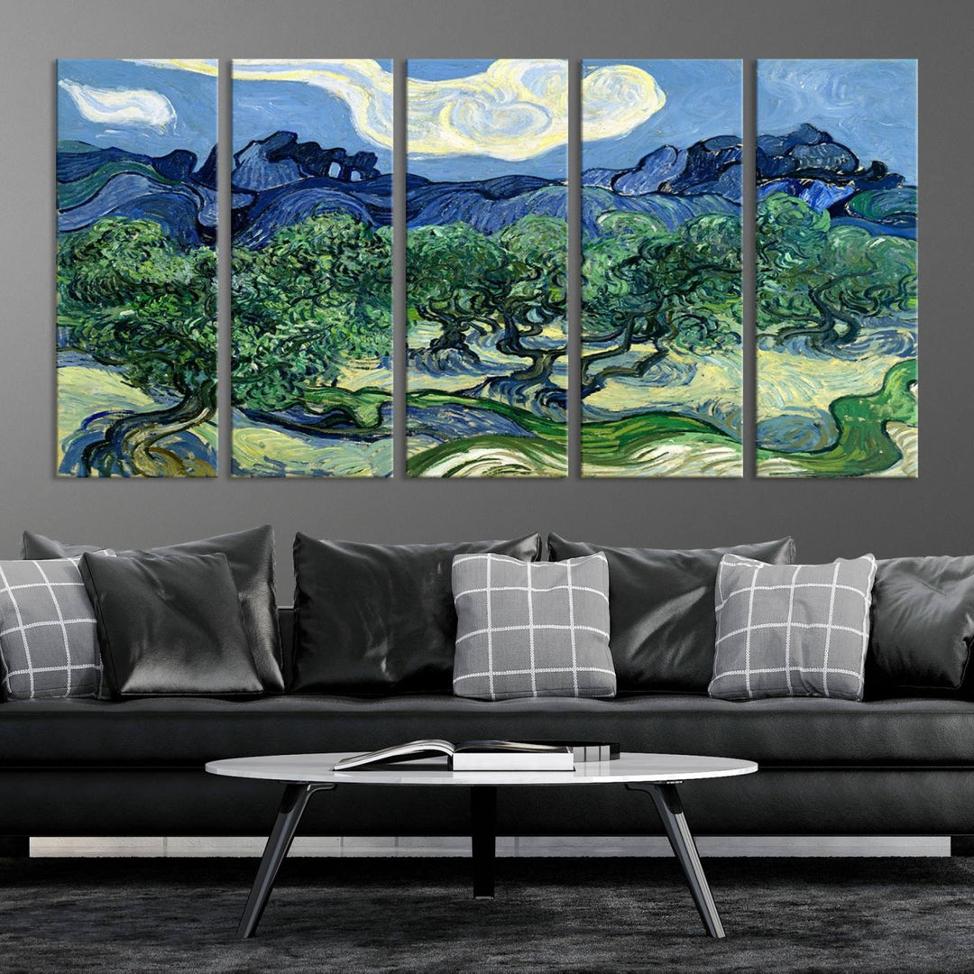 The Olive Trees Van Gogh Wall Art Canvas Print enhances the living room with its vivid landscape on museum-quality canvas, complete with a UV-protective coating.