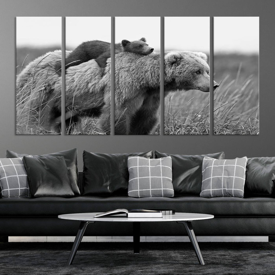 Baby Bear and Mom Bear Family Black & White Canvas Print Wall Art Canvas