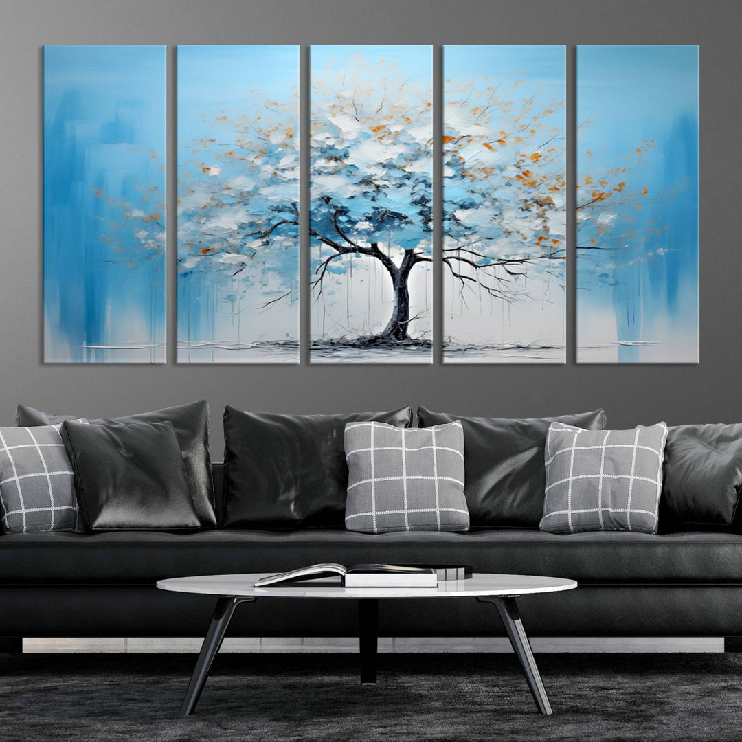 Modern living room featuring the Large Blue Abstract Tree Wall Art Canvas Printing. Enjoy the elegance with free shipping.