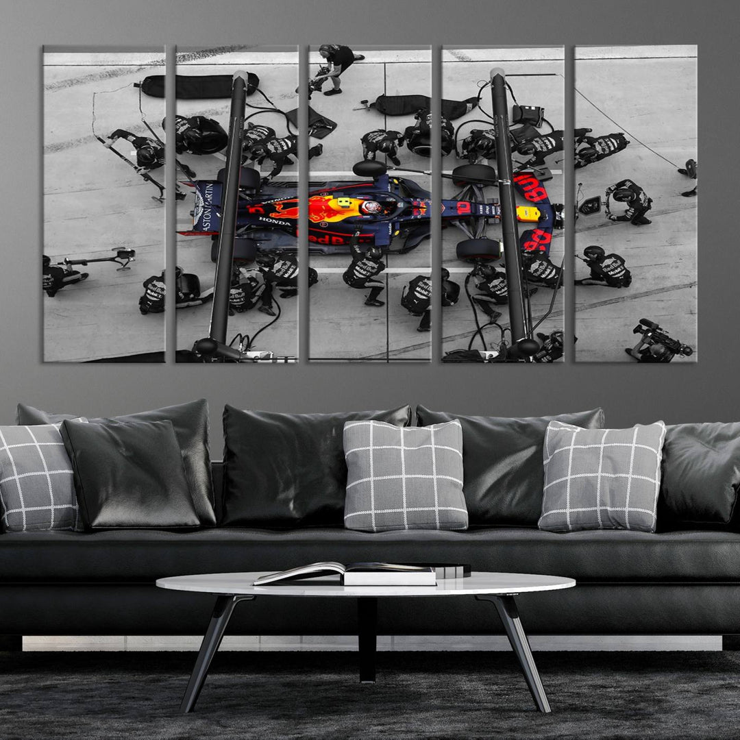 The RedBull Formula 1 Canvas Wall Art Print, a set of three gallery-quality pieces, elegantly adorns the wall.