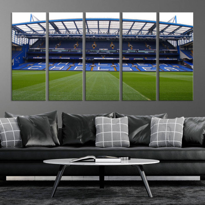 The Chelsea FC Soccer Team Print - Stamford Bridge Stadium Wall Art Canvas Print hangs elegantly, bringing the thrill of the game into your living room.