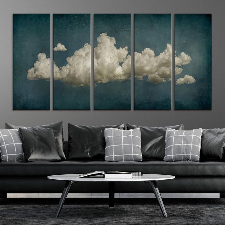 The Vintage Green Clouds Wall Art Canvas Print, set against a teal backdrop, showcases breathtaking canvas artwork with a gallery-quality finish.