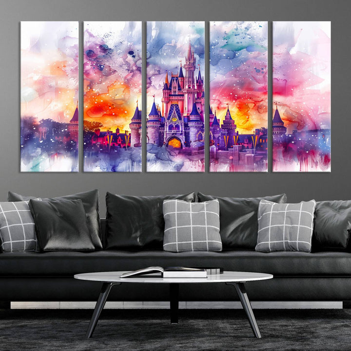 A vibrant piece of wall art depicting the Cinderella Castle from Disneyland, presented as a watercolor painting on premium canvas, is displayed.