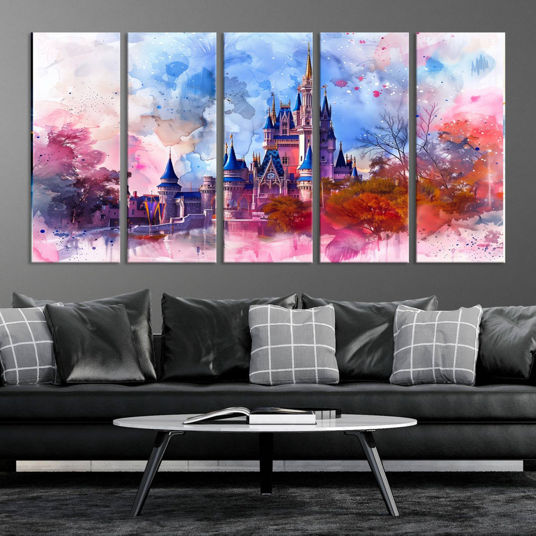 The Disney Wall Art: Dreamy Watercolor Cinderella Castle Canvas Print features a fairy-tale castle with vibrant pink, blue, and purple hues. Expertly handmade in the USA, this premium canvas wall art adds a touch of enchantment to any room.