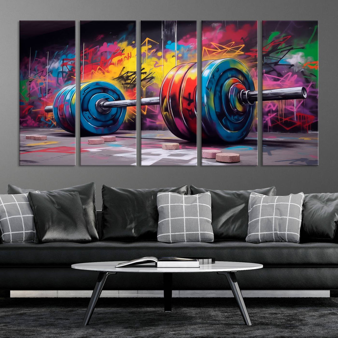 Colorful Graffiti Barbell Canvas Wall Art – Urban Fitness Meets Bold Street Art – Ready to Hang