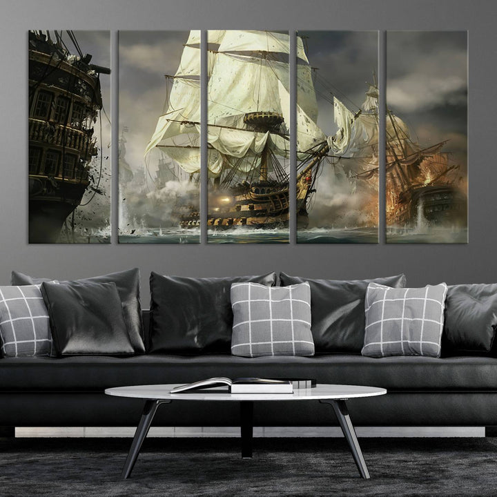 The Pirate Ship War Wall Art Canvas Print, featuring a stunning three-panel depiction of an intense sea battle with tall ships, boasts a gallery-quality finish that adds an elegant touch to its display.