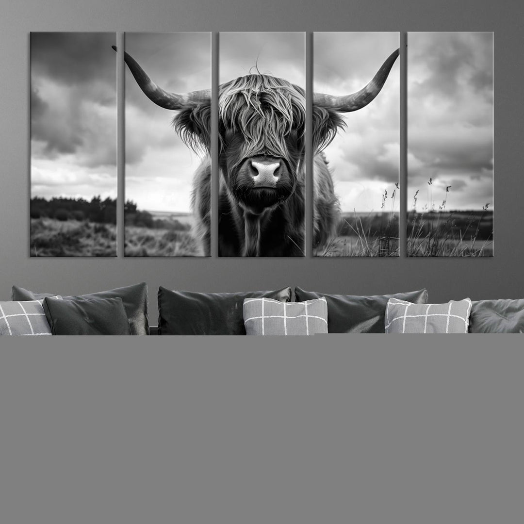 A stunning gallery-quality piece, the "Scottish Cow Wall Art Canvas Print | Longhorn Wall Art | Bighorn Animal Wall Art," depicts a Highland cow with long horns and shaggy fur. This captivating wall art elegantly enhances the space.