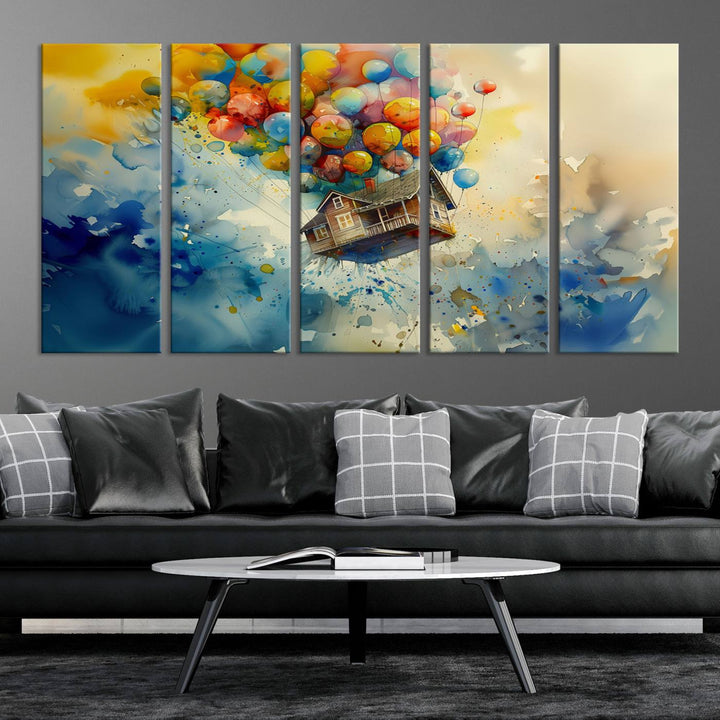 The Cartoon Movie Wall Art Canvas Print, featuring a vibrant house lifted by balloons and split across three panels, serves as captivating wall art. Handmade in the USA, it adds charm and whimsy to any space.