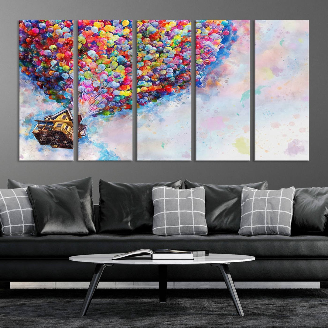 The "Watercolor Cartoon Movie Balloons Canvas Print" is showcased, depicting a whimsical house being lifted by colorful balloons. This triptych wall art is crafted on museum-quality canvases with a UV-protective coating to maintain its vibrant colors, making it ready to hang in any room.