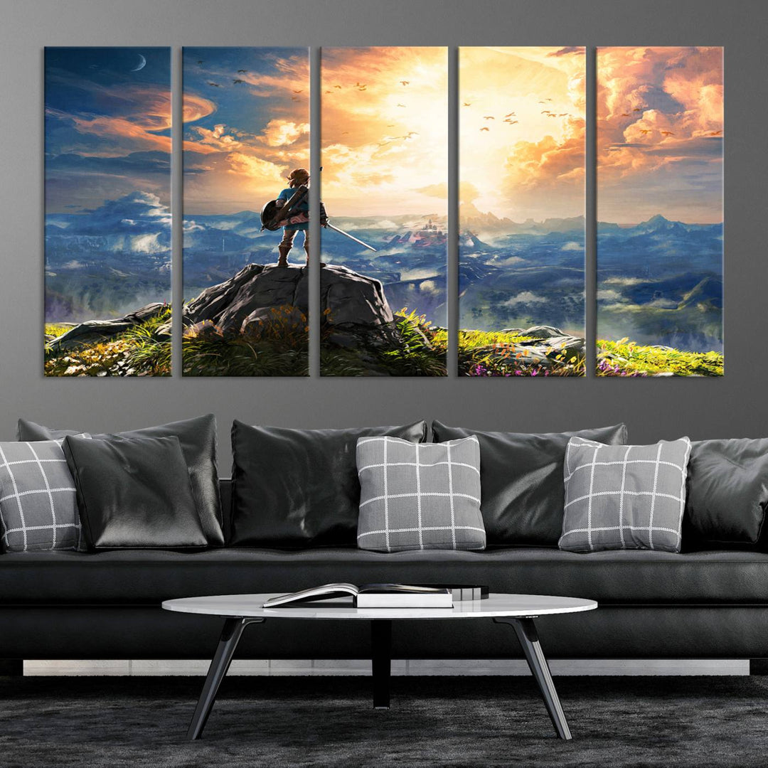 The Legend of Zelda Breath of the Wild Game Wall Art Canvas Print showcases a fantasy landscape with a character on a cliff, all rendered in gallery-quality finish on premium canvas.