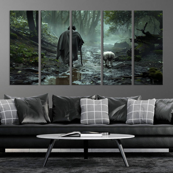 The "Forest Jesus Shepherd Canvas Wall Art" features a person with a cane, clothed in a cloak, walking beside a sheep through a misty forest. This piece captures tranquility and is ideal for adding serenity to your living room, office, or bedroom decor.