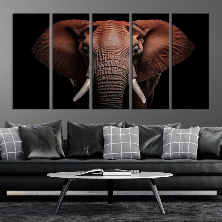 A stunning triptych titled "Wild Elephant Wall Art Canvas Print" beautifully enhances the wall above a contemporary living room. This Africa Savannah Wild Animal Wall Decor Print is of museum-quality, complete with a UV-protective coating to ensure its vibrancy and beauty are preserved for years.