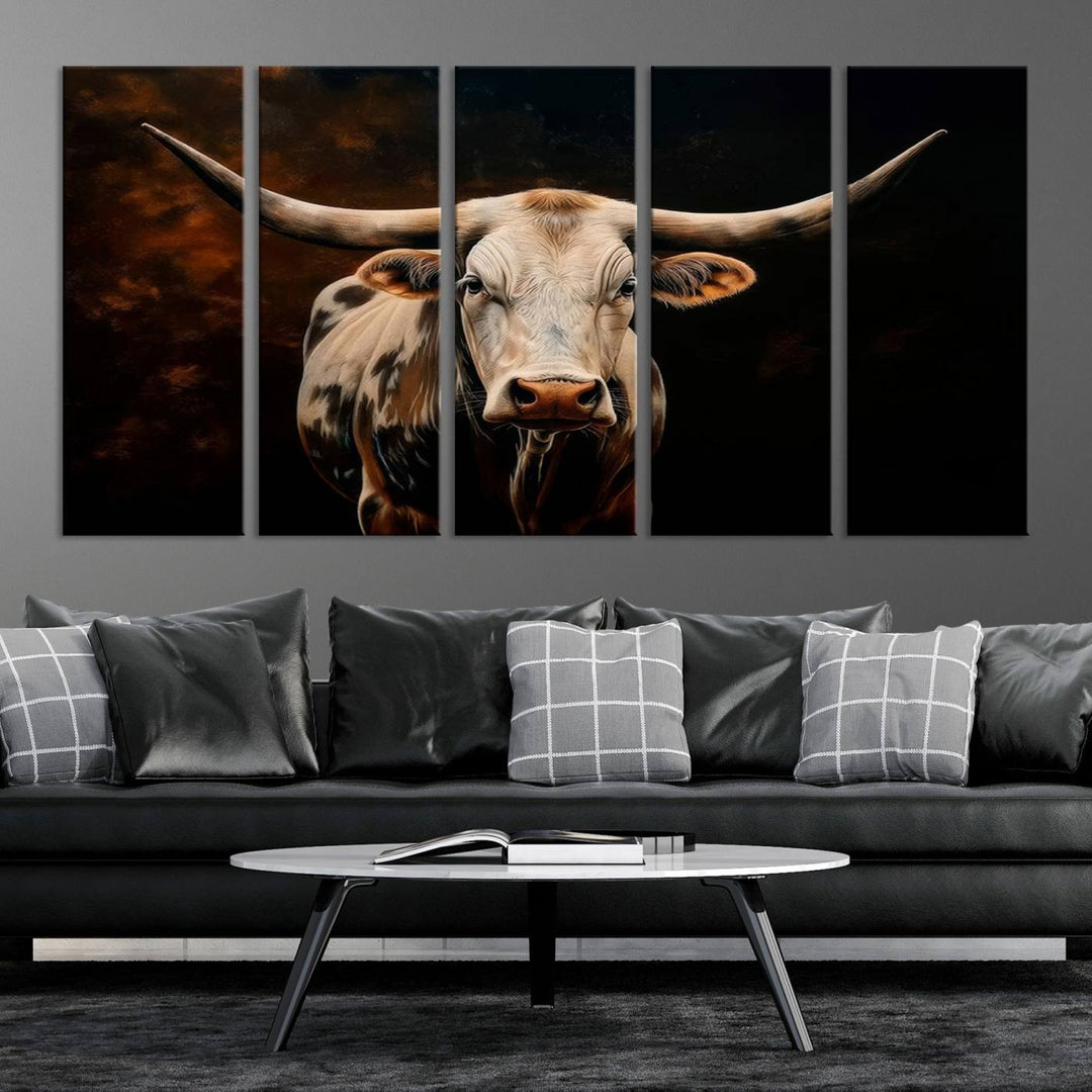 The Texas Longhorn Wall Art, a 3-panel large canvas print, infuses the room with a dash of cowboy charm.