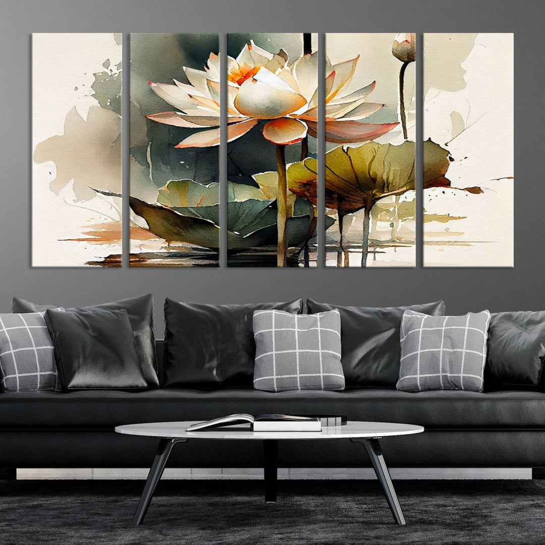 The Lotus Flower Watercolor Canvas Print, a contemporary wall art piece symbolizing serenity and growth with its soft watercolors, adorns the wall.