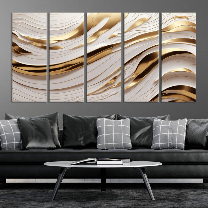 The "Gold and White Abstract Wave Canvas – Elegant Flowing Design with Luxurious Golden Accents" beautifully enhances the area and creates a stunning focal point in the room.