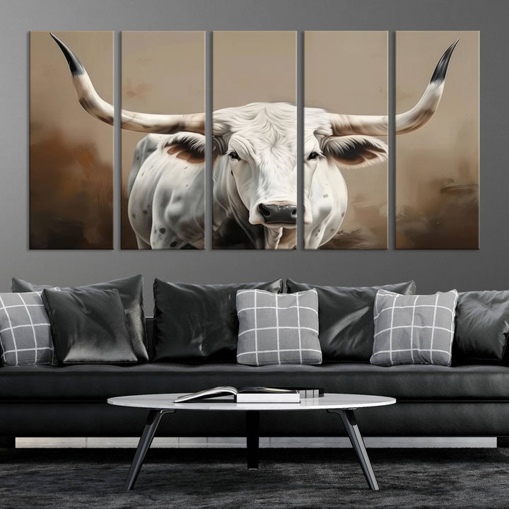 Texas Longhorn Canvas Wall Art features a triptych design on premium canvas with a gallery-quality finish.