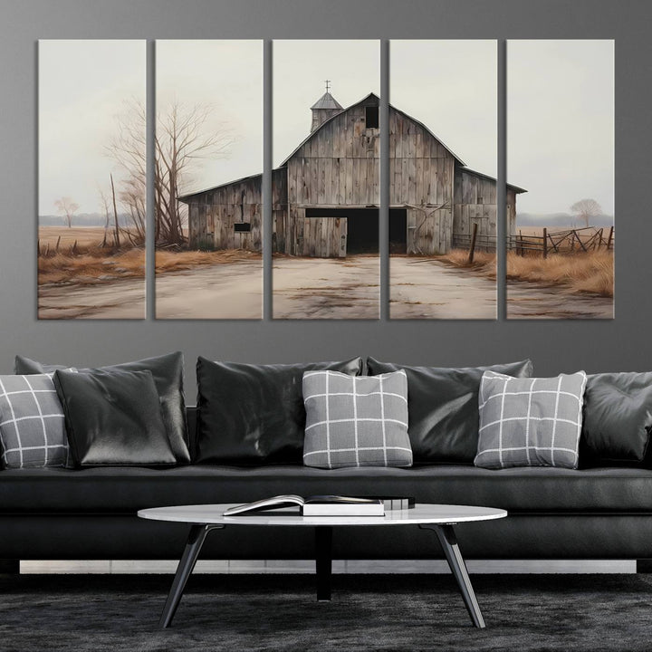 A framed and ready-to-hang Farmhouse Rustic Barn Wall Art Canvas Print is displayed against a gray wall. This stylish modern living room seamlessly combines rural life wall décor with contemporary comfort.