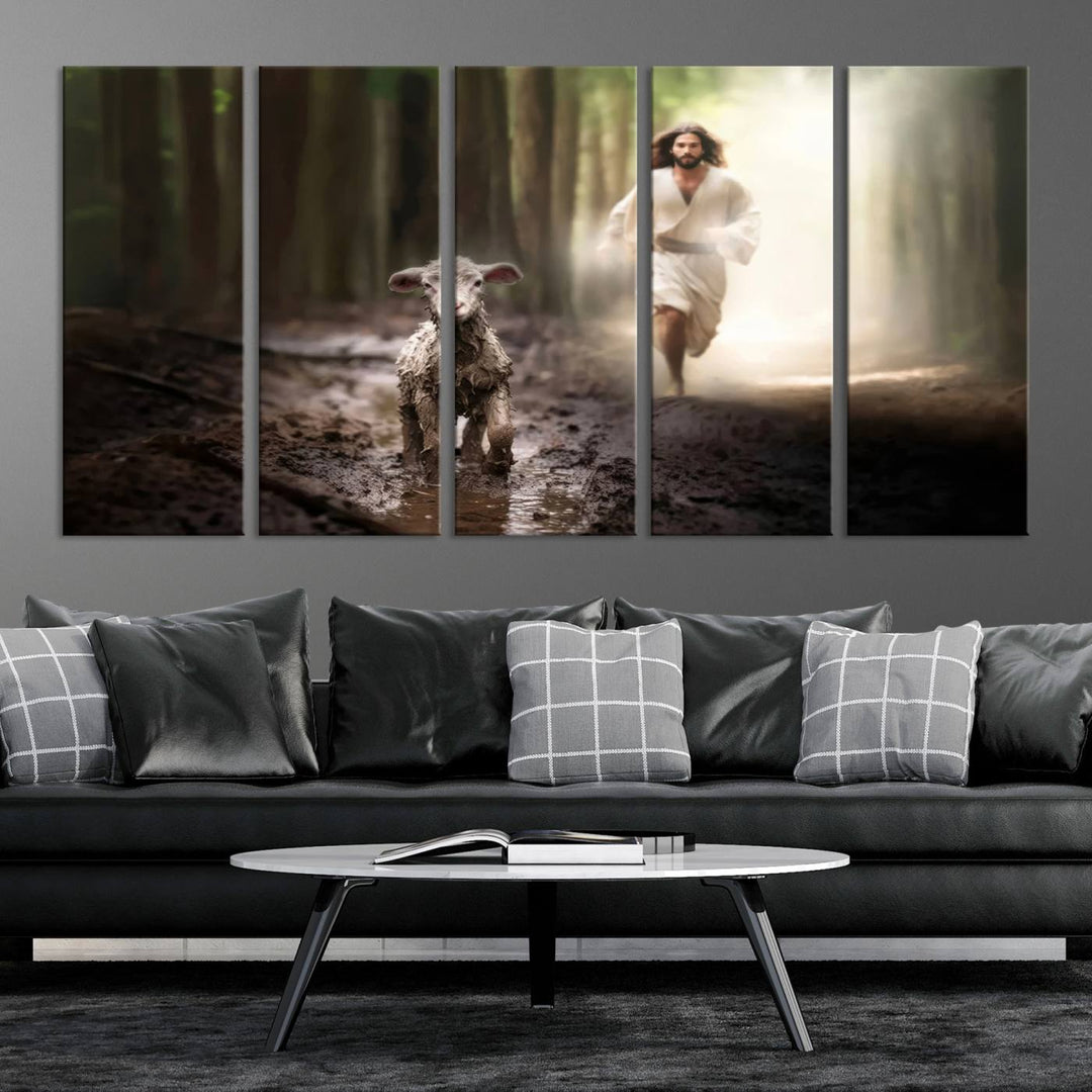 Discover the "Jesus Canvas Wall Art: Jesus Running After Lost Lamb," an exquisite triptych canvas piece that beautifully depicts Jesus in pursuit of a lost lamb within a forest setting. This artwork features a gallery-quality finish and is handmade in the USA, adding both charm and craftsmanship to your space. Perfect for Christian home decor enthusiasts.