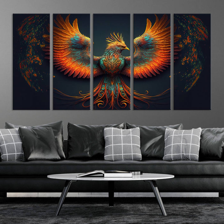 The Majestic Phoenix Wall Art Canvas Set, a fiery symbol of rebirth and strength, graces the wall.