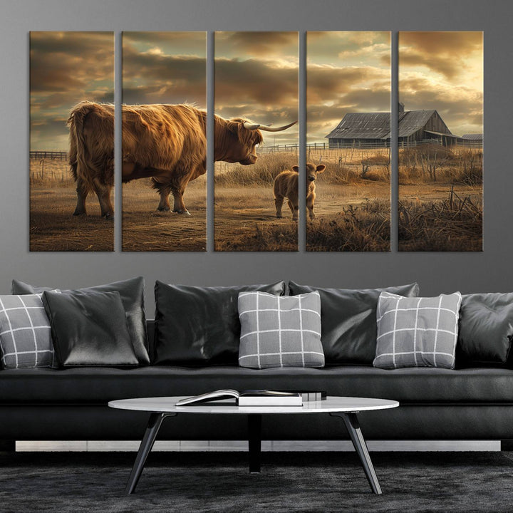 The living room features the "Highland Cow Canvas Wall Art Animal Print Pictures Fluffy Cattle Art," which captures a cow and calf in a rural sunset scene, adding gallery-quality charm.