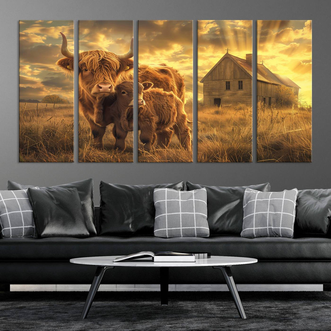 The room features the Barn and Highland Cow Canvas Wall Art Animal Print, a three-panel canvas depicting cows in a sunset field with a rustic barn backdrop. This handmade piece brings charm and character with its gallery-quality finish.