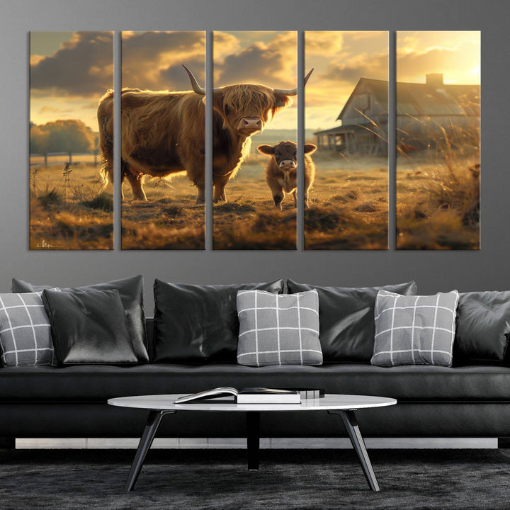 The "Highland Baby Cow Canvas Wall Art Animal Print" triptych art piece showcases a cow and calf in a sunlit field with a barn in the background.